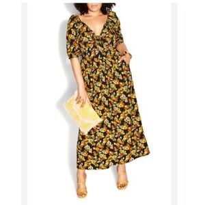 Floral Tie-Front Midi Dress in Black and Yellow